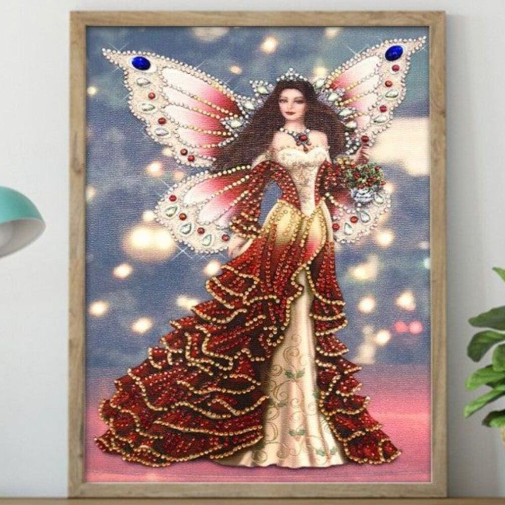 5D DIY Diamond Painting Brunette Girl Angel Wings Red White Gown B071